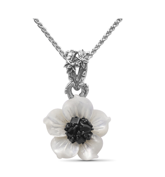 Black Mother of Pearl Flower Bouquet Pendant Adjustable Sterling Chain