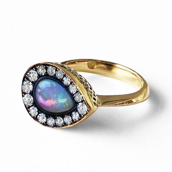 CROWNWORK PEAR SHAPED OVAL OPAL RING WITH DIAMOND SURROUND