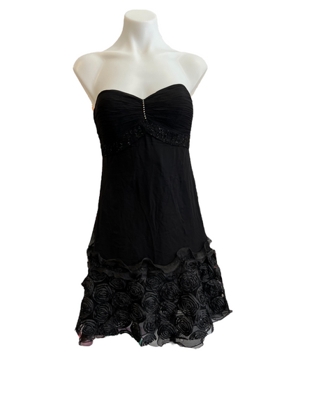 Strapless Black Cocktail Dress with Florette Hemline