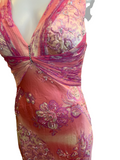 PINK AND WHITE FLORAL PATTERN GOWN WITH SEQUIN EMBELLISHMENTS