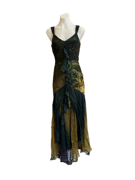 Olive and Blue Sequined Gown with Straps