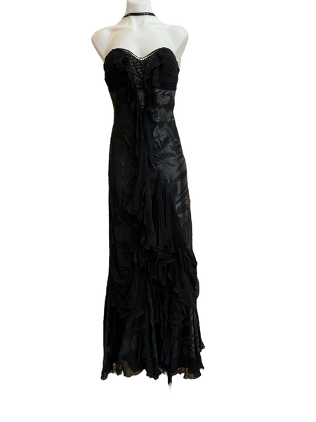 Black on black strapless gown with beaded and ruffled bodice
