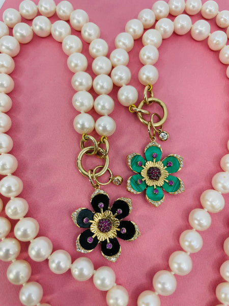 PEARL NECKLACES WITH MALACHITE OPEN LOTUS FLOWERS CHARMS