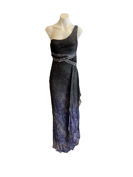 ONE SHOULDER BEADED BODICE GREY AND PURPLE SNAKE PRINT GOWN