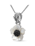 CARVED MOTHER PEARL AND BLACK SPINEL FLOWER PENDANT NECKLACE