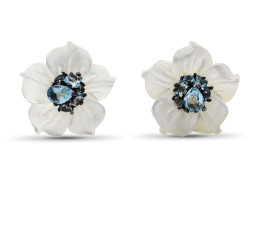WHITE MOTHER OF PEARL FLOWER EARRINGS WITH SWISS BLUE TOPAZ CENTERS