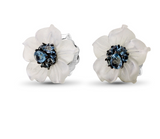 WHITE MOTHER OF PEARL FLOWER EARRINGS WITH SWISS BLUE TOPAZ CENTERS