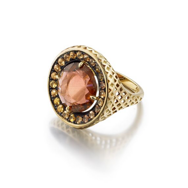 SIGNET RING WITH TOURMALINE CENTER AND YELLOW SAPPHIRES