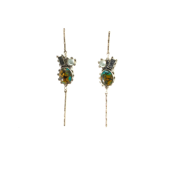 GRANULATED EARRING WITH AQUAMARINE, BLACK DRUZY AND TURQUOISE