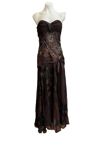 Bronze, brown and black strapless Diane Freis gown