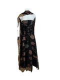 Super elegant black gown with woven metallic flowers and sequins