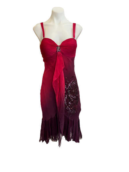RED TO DEEP PLUM OMBRE COCKTAIL DRESS WITH SEQUINS AND BEADS