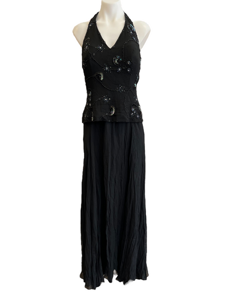 Long Black Halter Gown with Embroidered Celestial Motifs