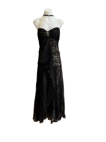Diane Freis Strapless gown with black overlay and bustier beading